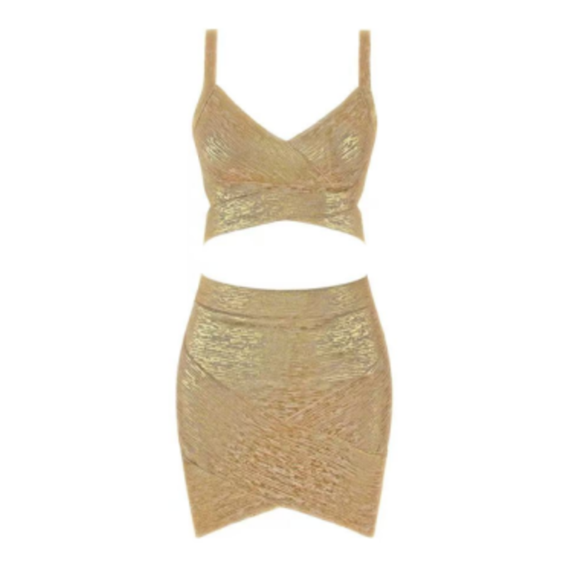 Camisola de punto impresa en oro de verano, juego de faldas de envoltura de cadera